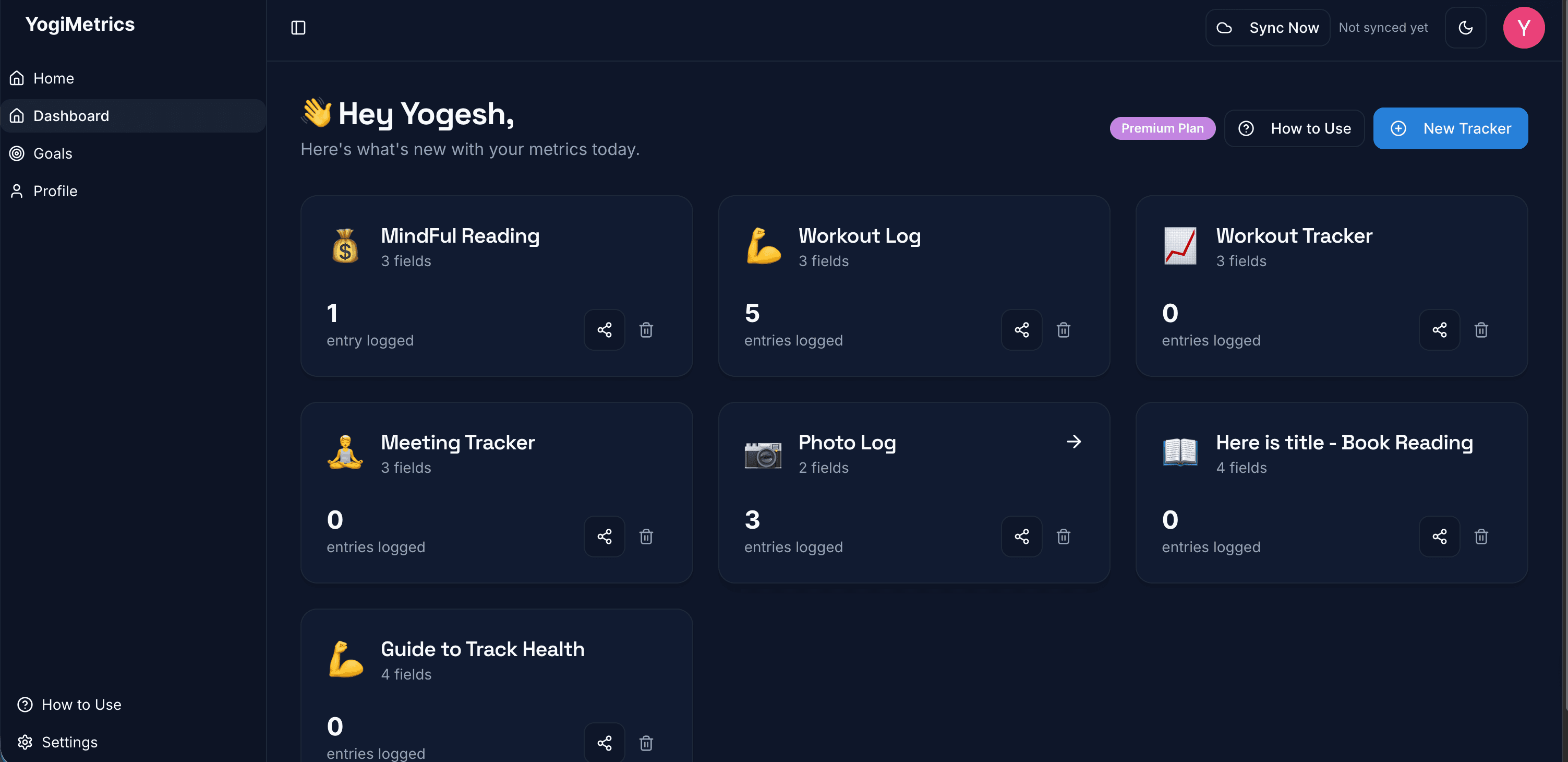 Screenshot of the YogiMetrics dashboard showing custom trackers for mood, workout, and reading habits.